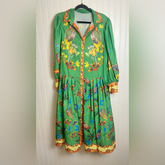 Green Peacock Floral Lantern Sleeve Midi Dress, No Belt K20 - Picture 2 of 8